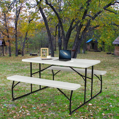 Indoor and Outdoor Folding Picnic Table Bench Set with Wood-like Texture-Black