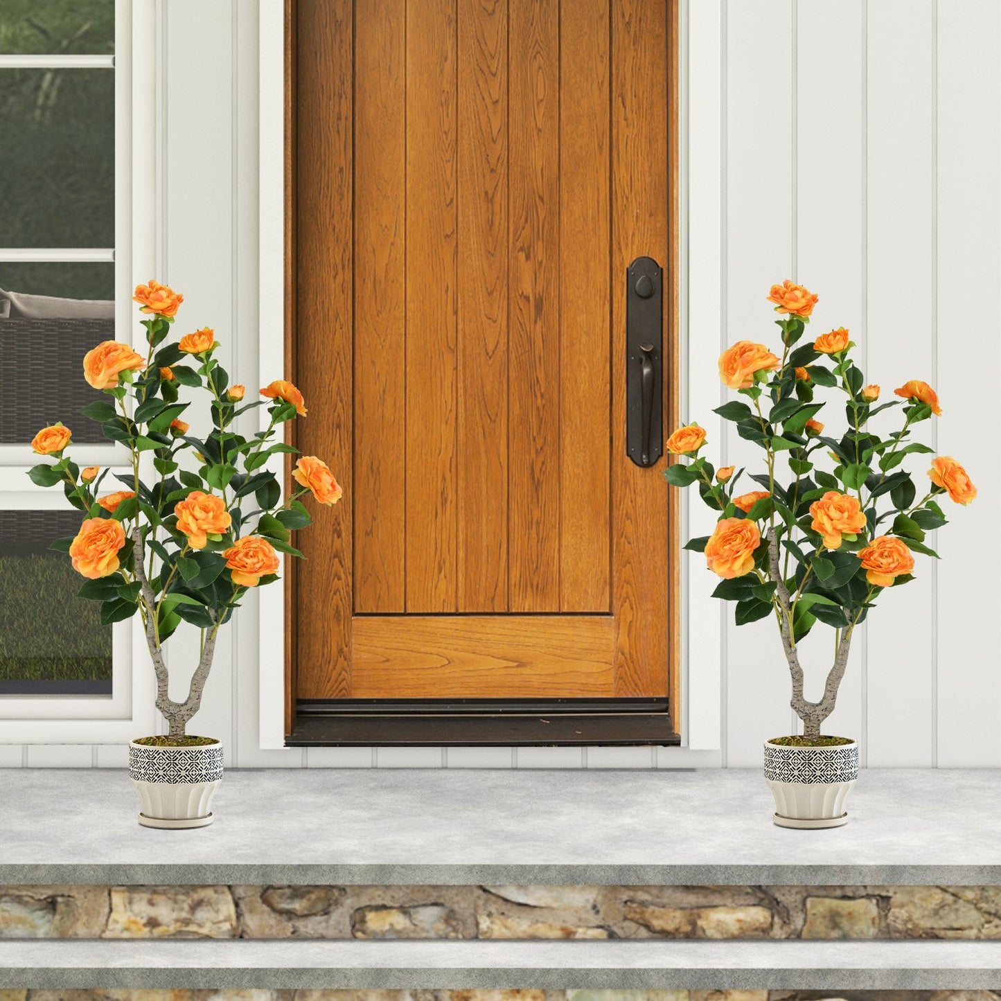 36 Inch Artificial Camellia Tree with Blooming Flower 2 Pack-Orange