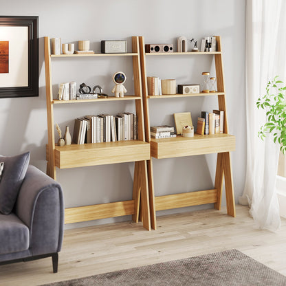 Ladder Shelf Desk Bookcase with Countertop  Drawer and 2 Shelves-Gray