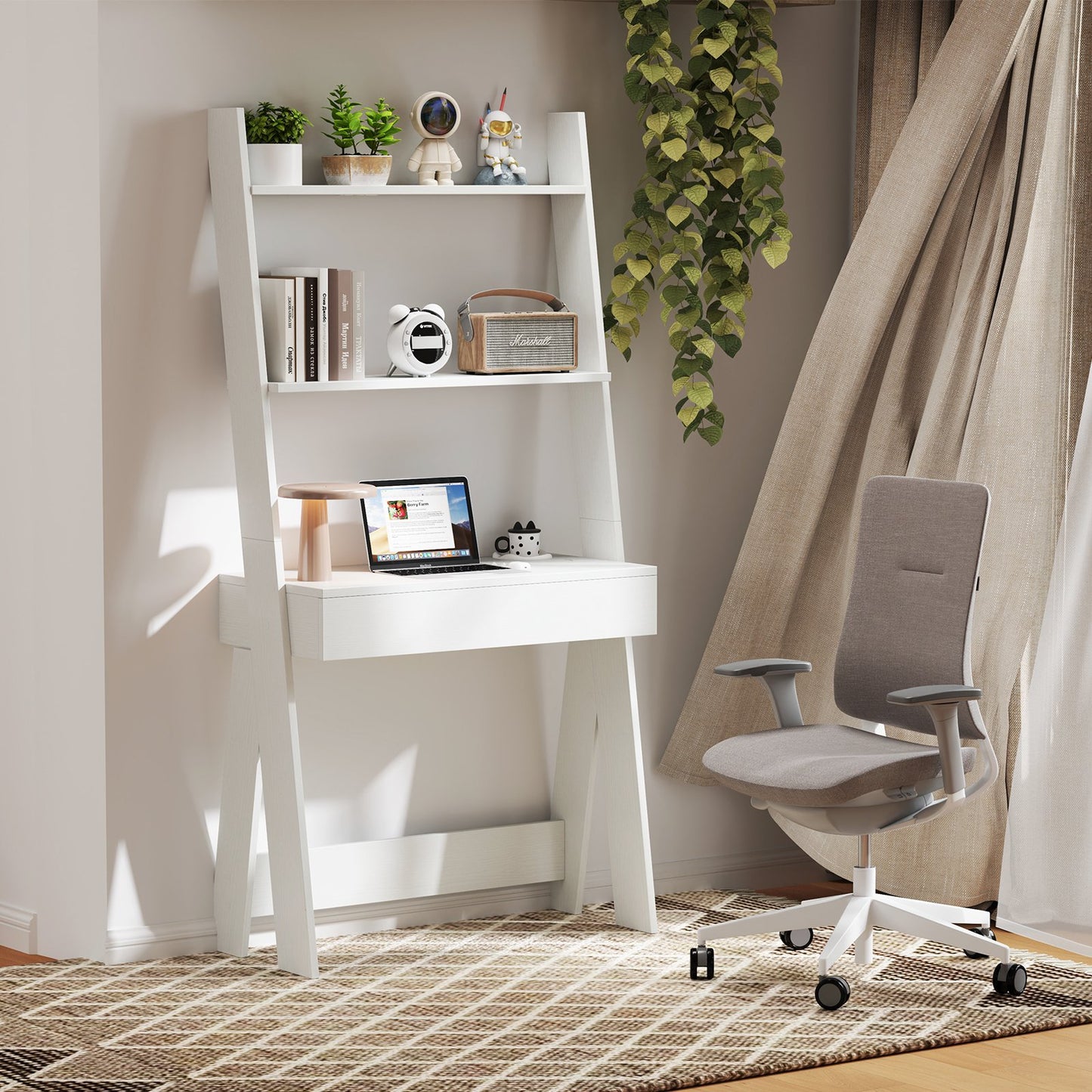 Ladder Shelf Desk Bookcase with Countertop  Drawer and 2 Shelves-Gray