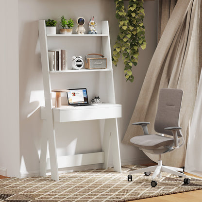 Ladder Shelf Desk Bookcase with Countertop  Drawer and 2 Shelves-Gray