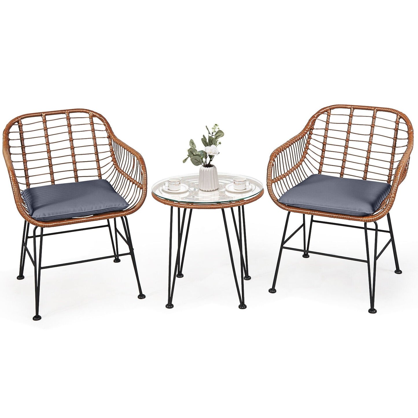 3 Pieces Patio Rattan Bistro Set with Cushion-Black