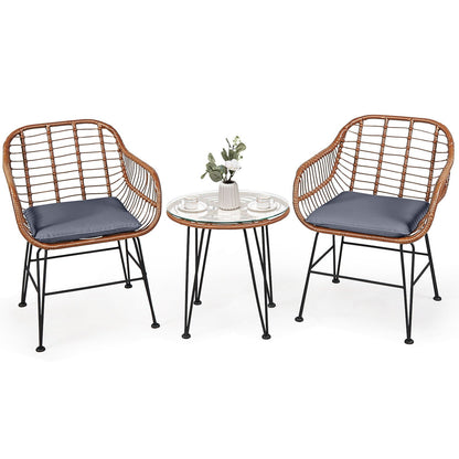 3 Pieces Patio Rattan Bistro Set with Cushion-Black