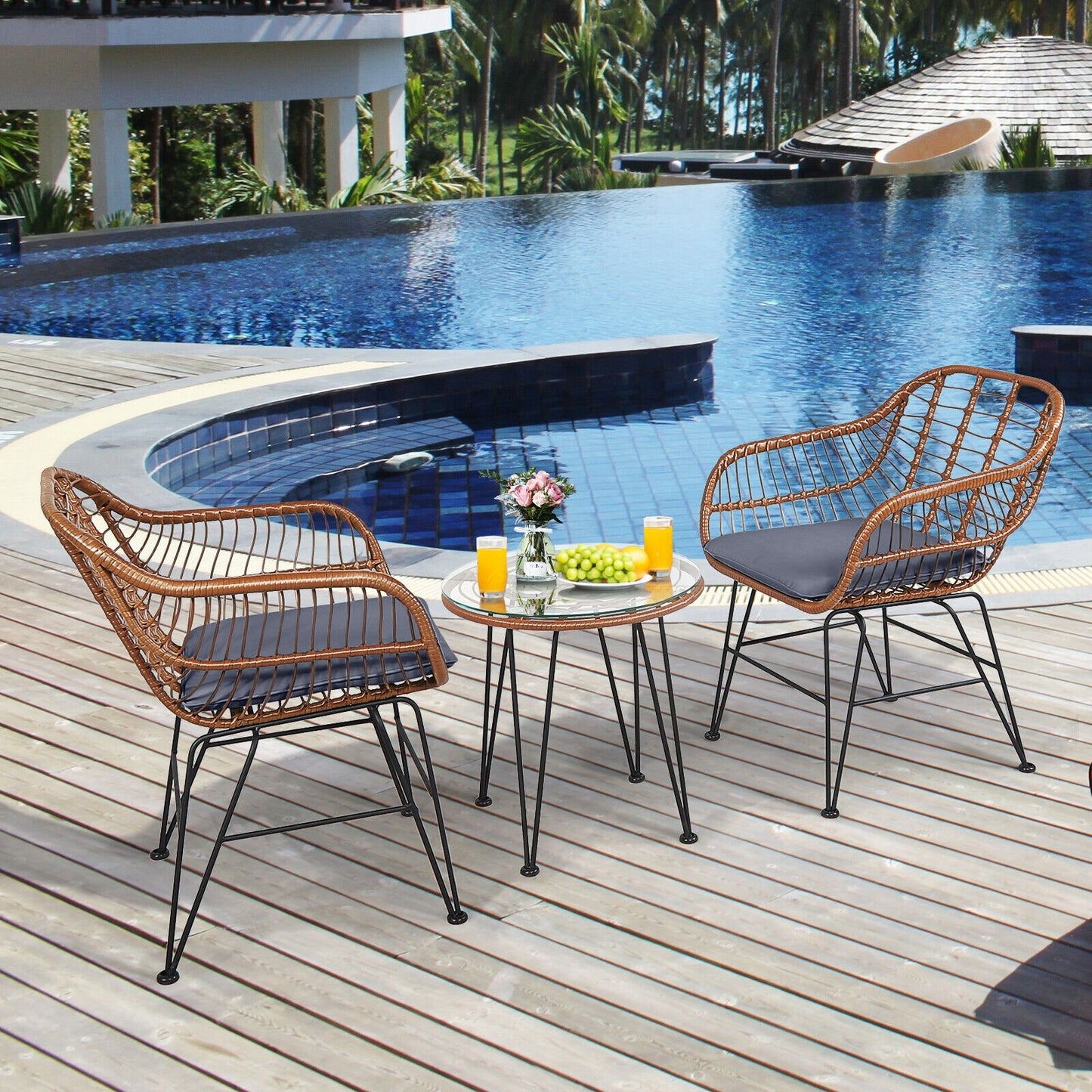 3 Pieces Patio Rattan Bistro Set with Cushion-Black