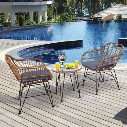 3 Pieces Patio Rattan Bistro Set with Cushion-Black