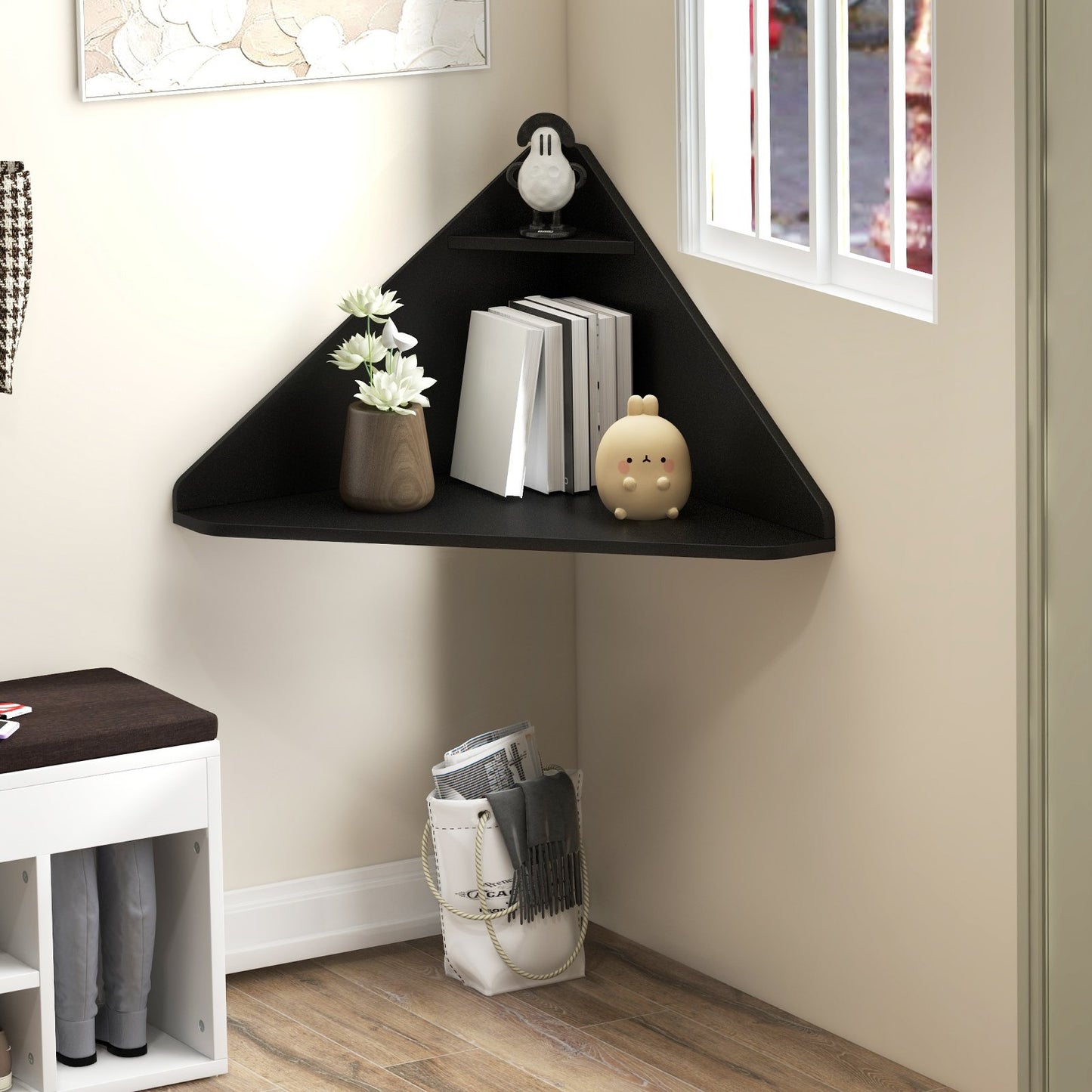 Floating Triangular Corner Computer Desk with Storage Shelf-Black