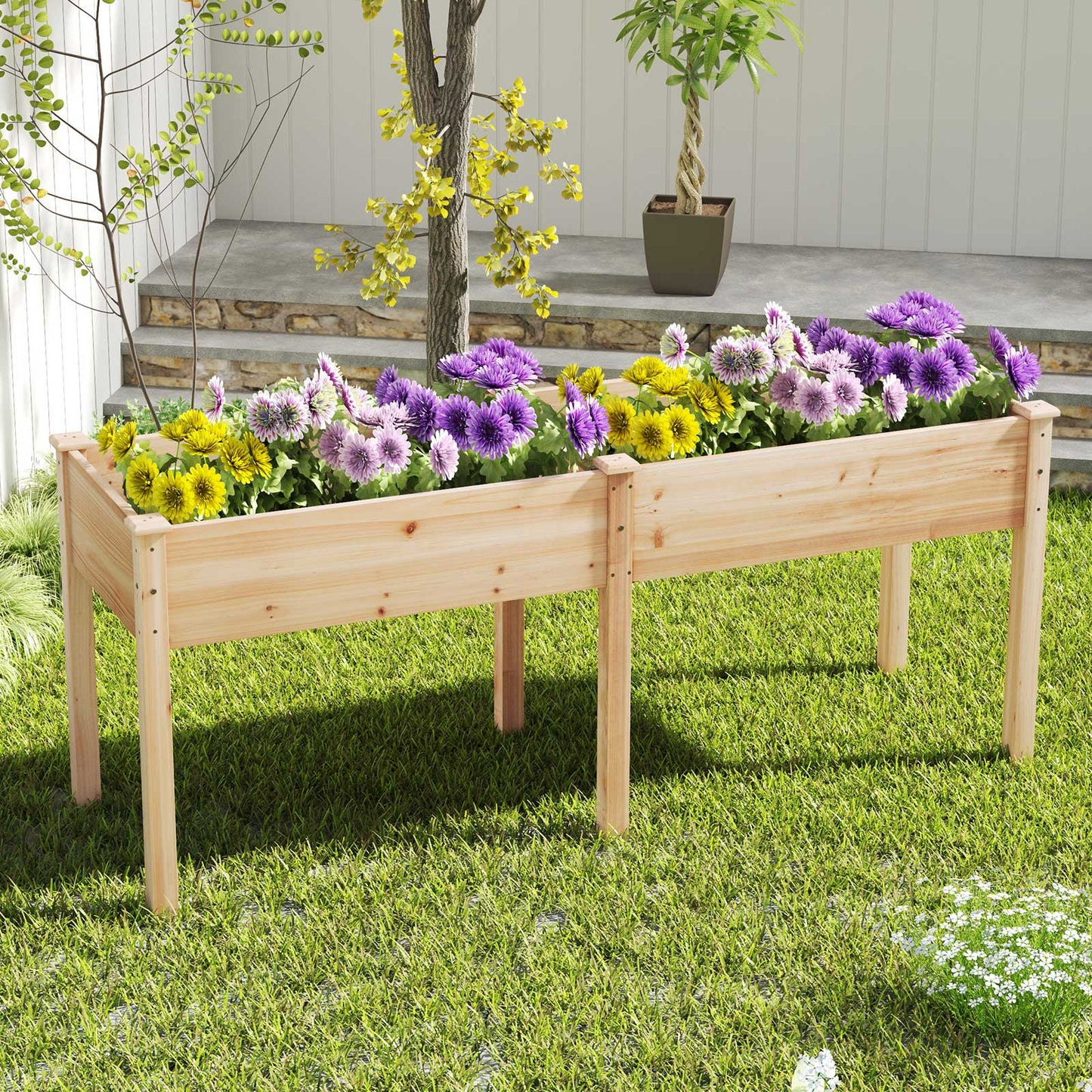 Fir Wood Outdoor Raised Garden Bed with Divider Panel and Drainage Holes-Natural