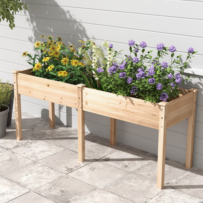 Fir Wood Outdoor Raised Garden Bed with Divider Panel and Drainage Holes-Natural