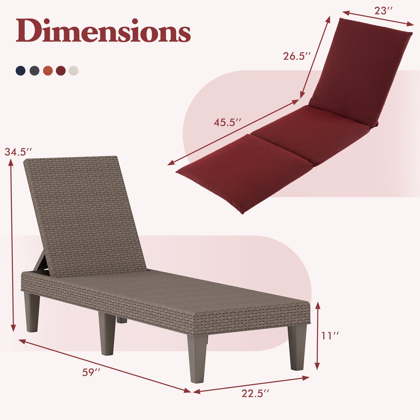 Patio Lounge Outdoor Recliner Chair with Cushion 3-Position Adjustable Backrest-Beige