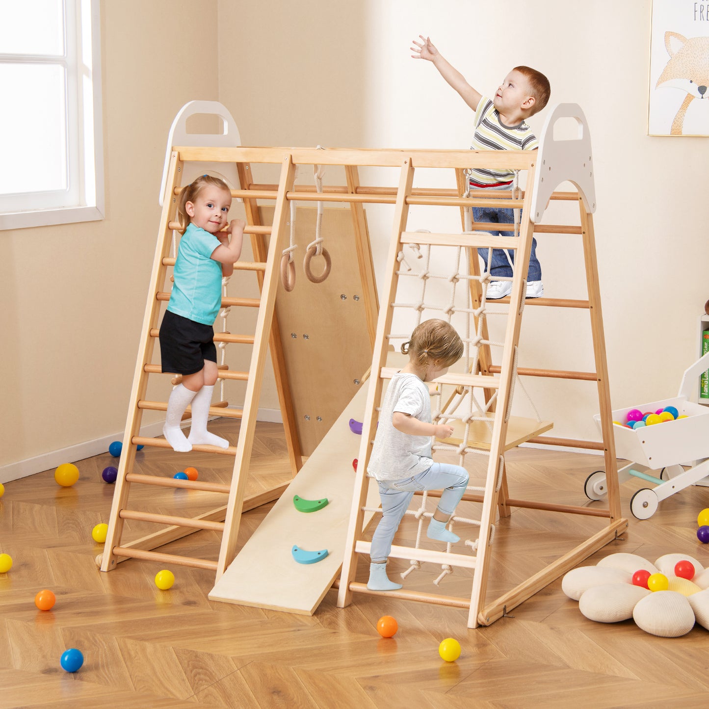 8-in-1 Wooden Jungle Gym Playset with Slide and Monkey Bars-Multicolor