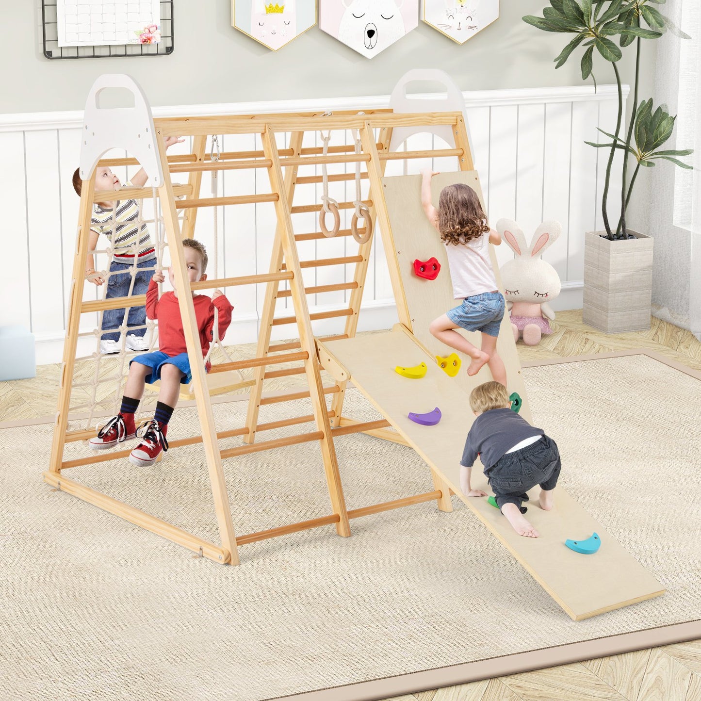 8-in-1 Wooden Jungle Gym Playset with Slide and Monkey Bars-Multicolor