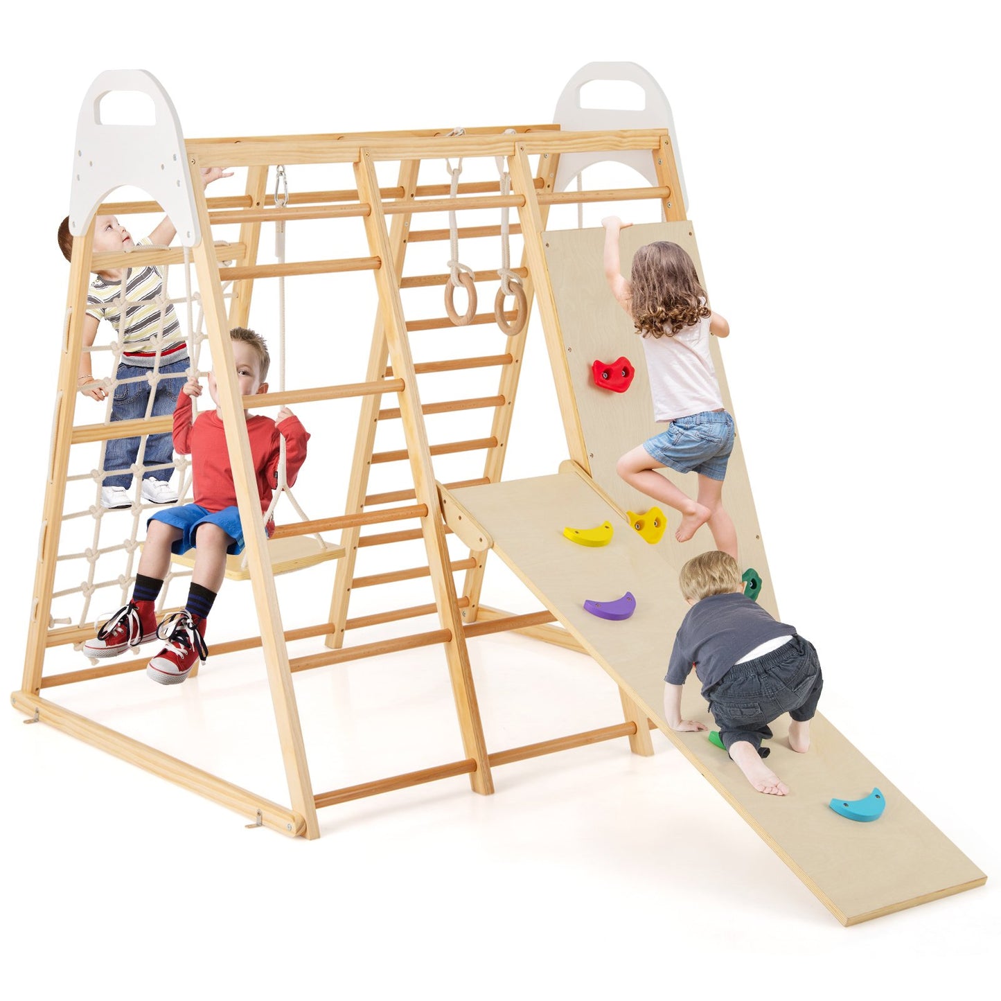 8-in-1 Wooden Jungle Gym Playset with Slide and Monkey Bars-Multicolor