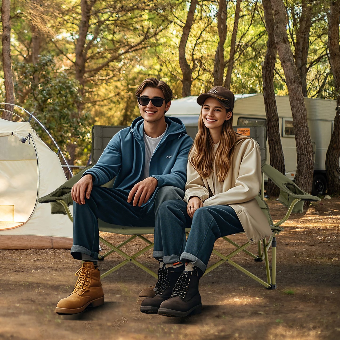 Oversized Camping Chair Folding Loveseat Camping Couch with Cup Holders & Thick Padding-Blue