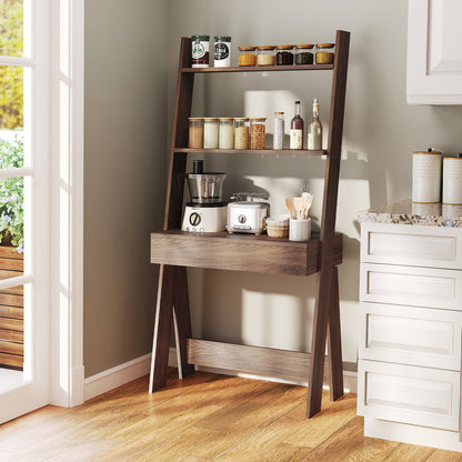 Ladder Shelf Desk Bookcase with Countertop  Drawer and 2 Shelves-Gray