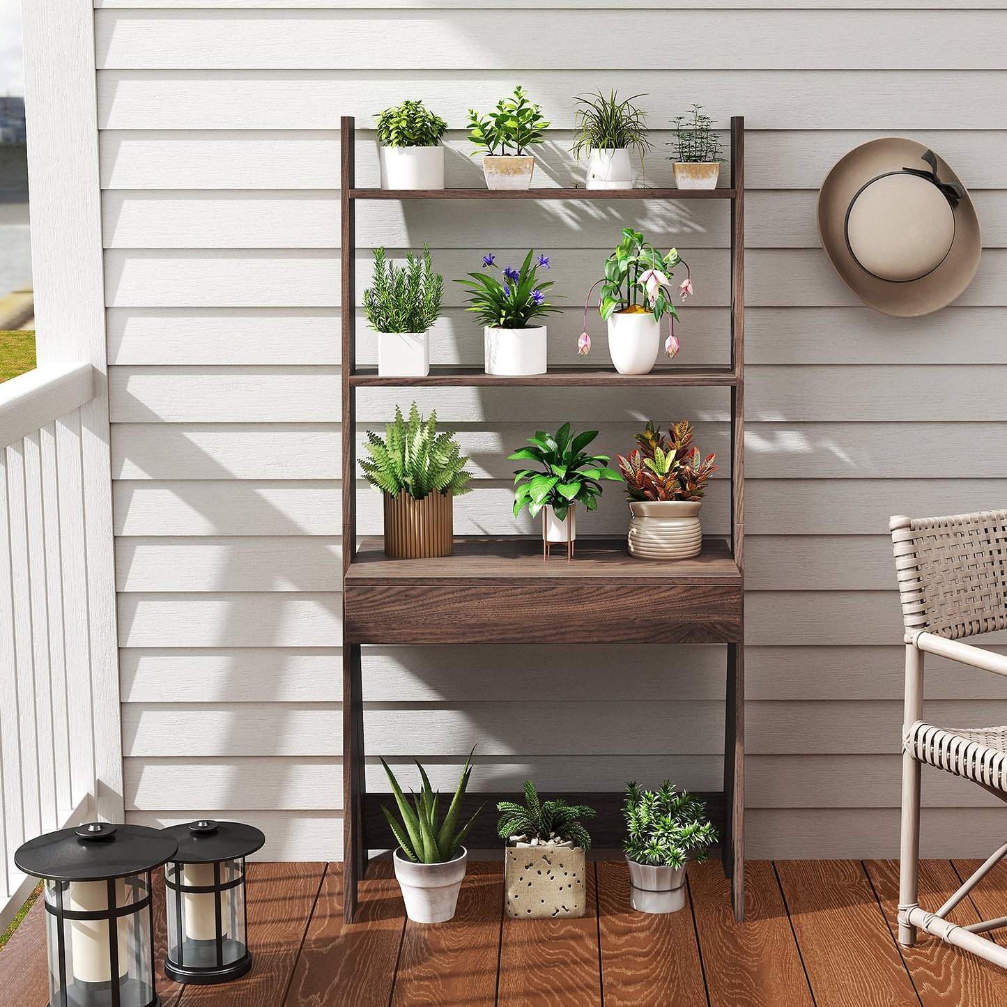 Ladder Shelf Desk Bookcase with Countertop  Drawer and 2 Shelves-Gray