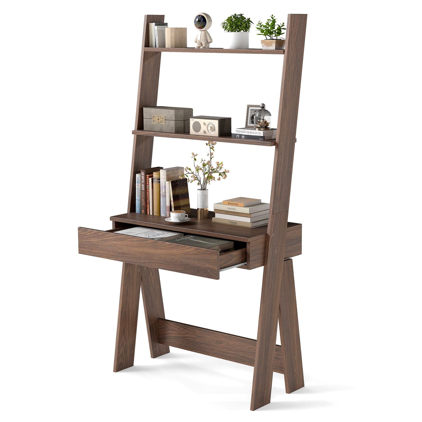 Ladder Shelf Desk Bookcase with Countertop  Drawer and 2 Shelves-Gray