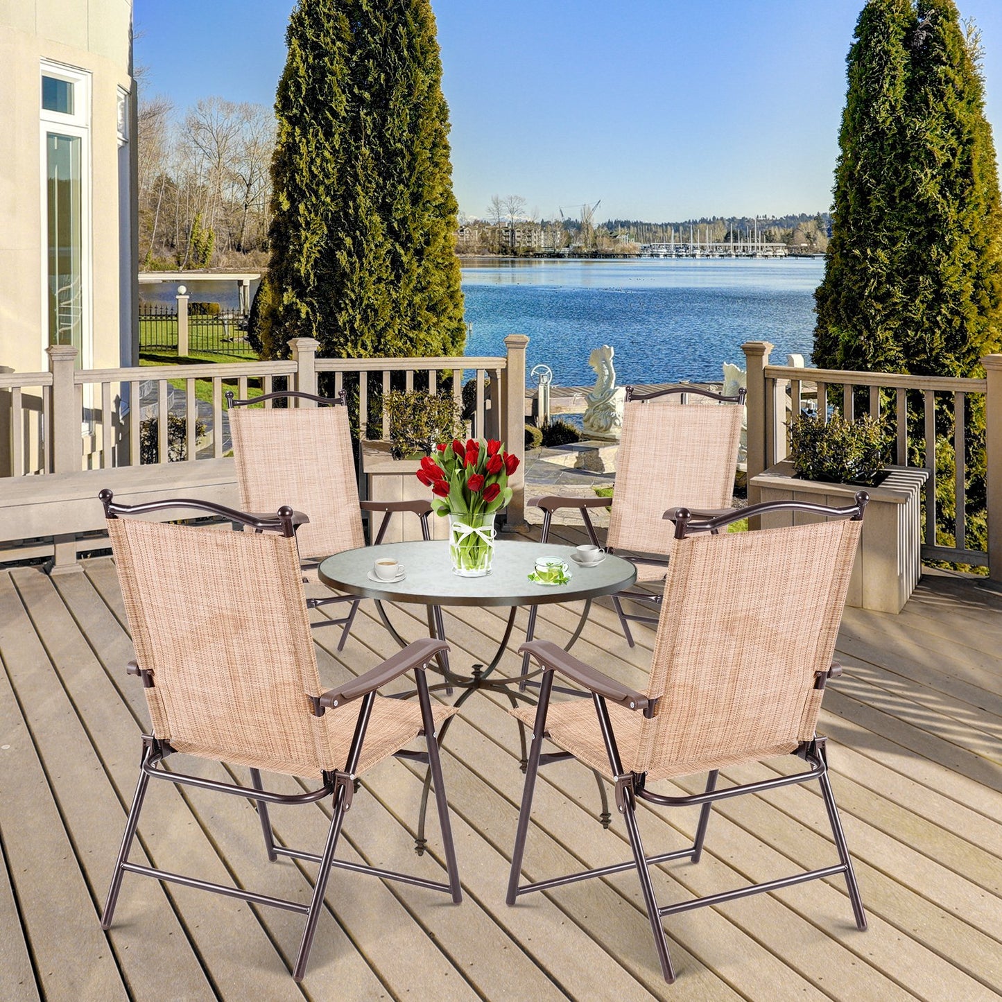Set of 2 Patio Folding Sling Back Camping Deck Chairs-Beige