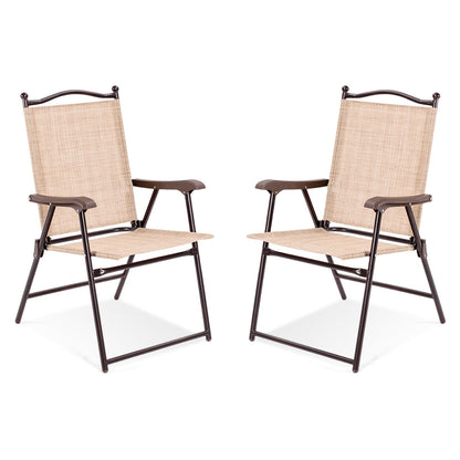 Set of 2 Patio Folding Sling Back Camping Deck Chairs-Beige