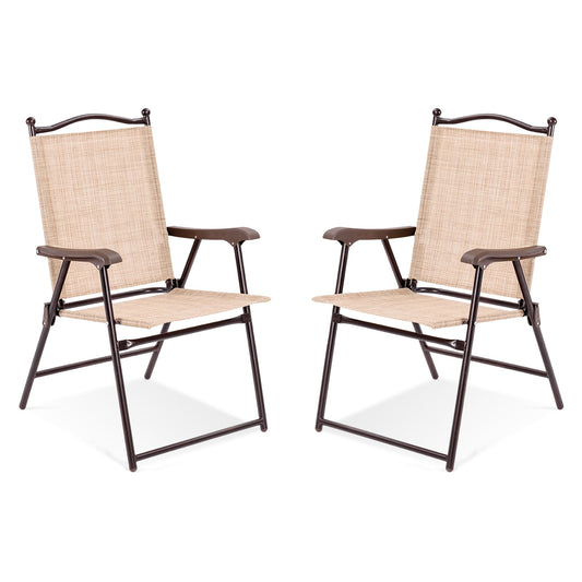Set of 2 Patio Folding Sling Back Camping Deck Chairs-Beige