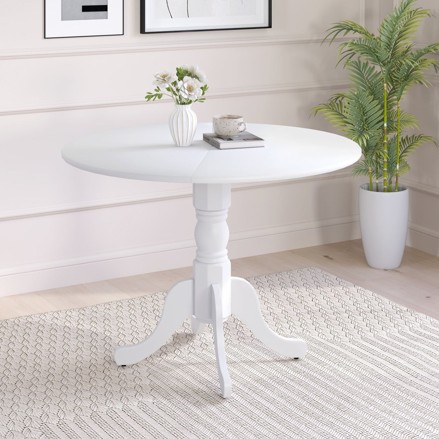 Wooden Dining Table with Round Tabletop and Curved Trestle Legs-Black