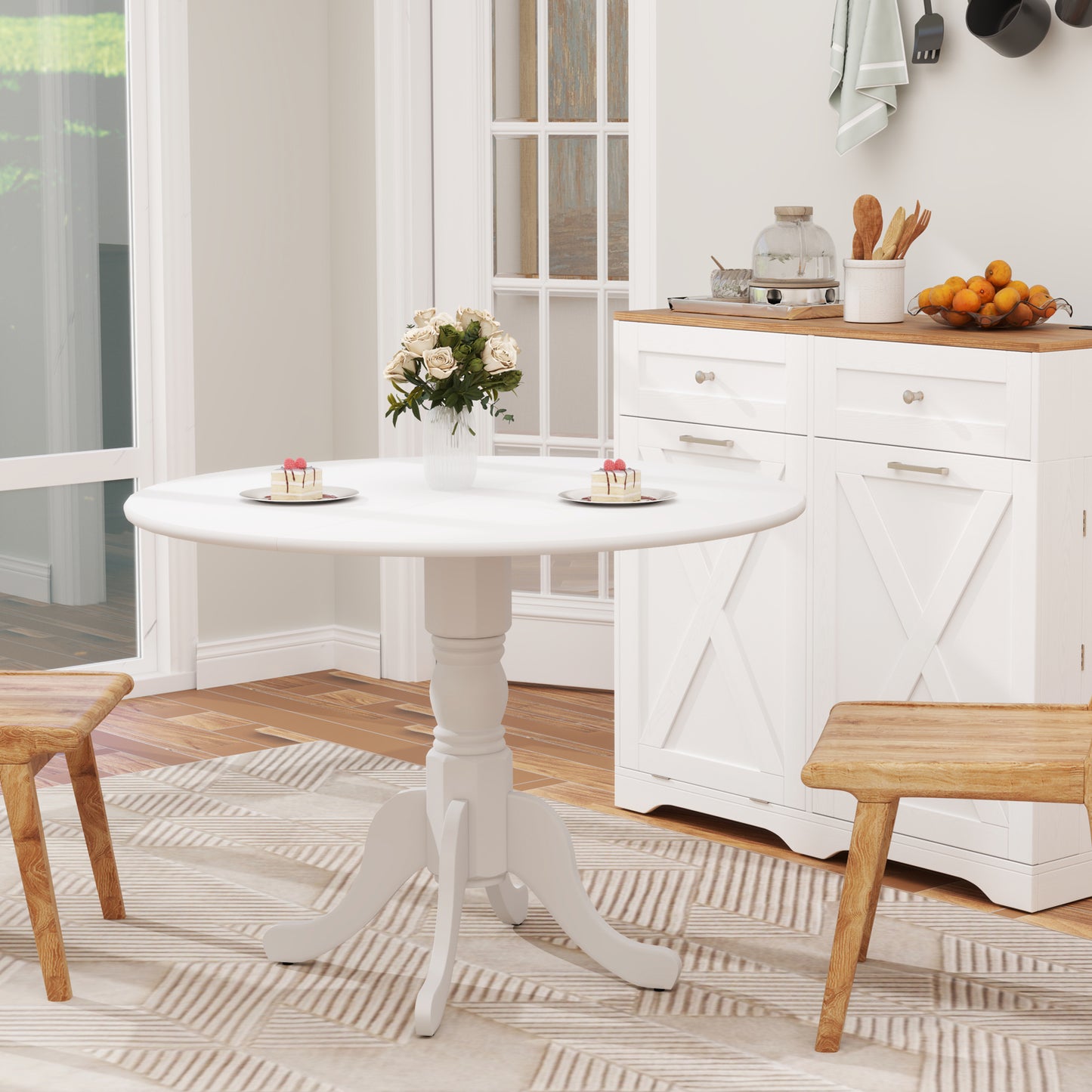 Wooden Dining Table with Round Tabletop and Curved Trestle Legs-Black