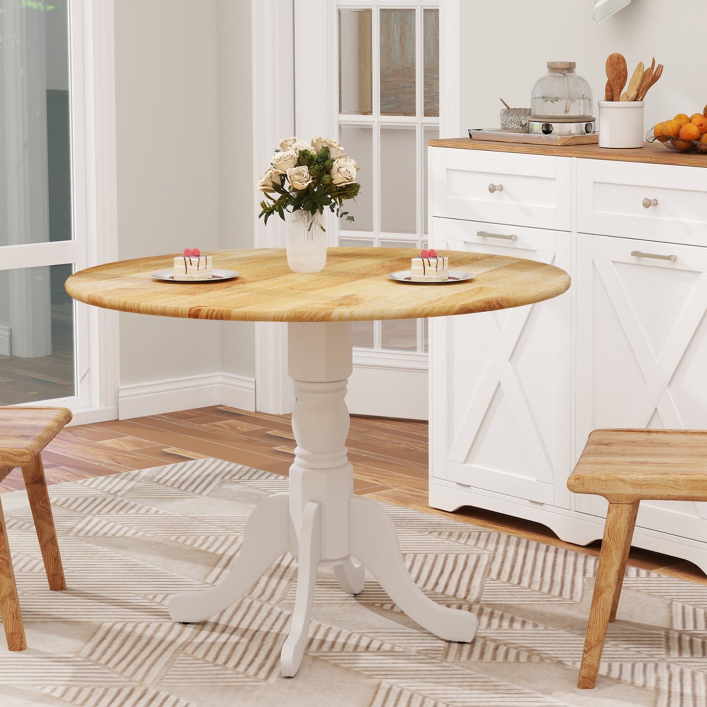 Wooden Dining Table with Round Tabletop and Curved Trestle Legs-Black