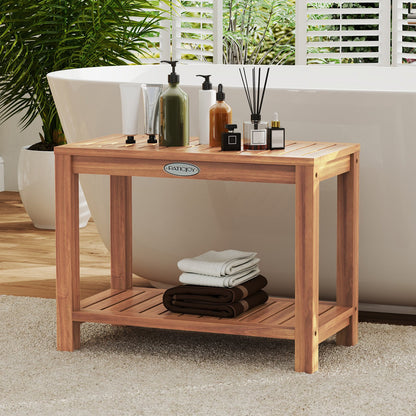 24 Inch Teak Wood Shower Bench Inside Shower Stool with Storage Shelf