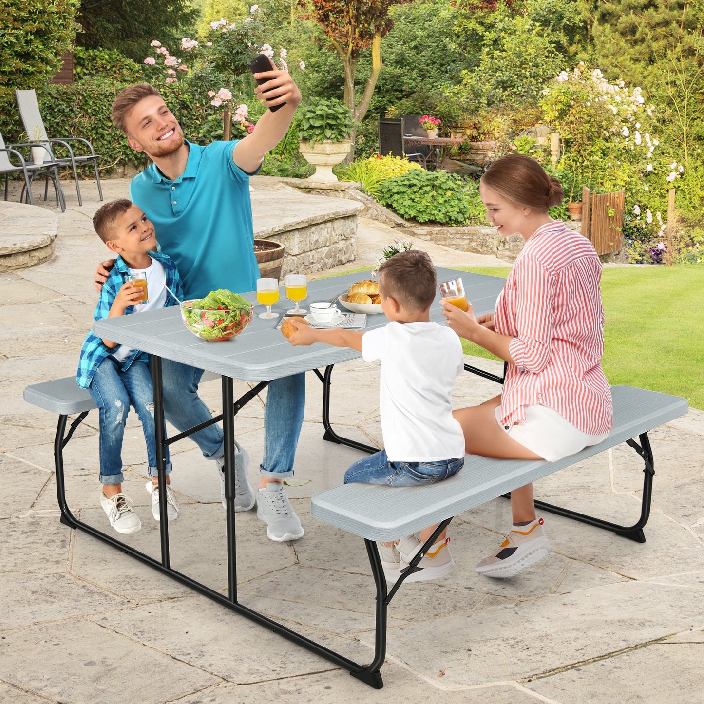 Indoor and Outdoor Folding Picnic Table Bench Set with Wood-like Texture-Black