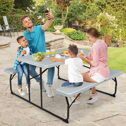 Indoor and Outdoor Folding Picnic Table Bench Set with Wood-like Texture-Black