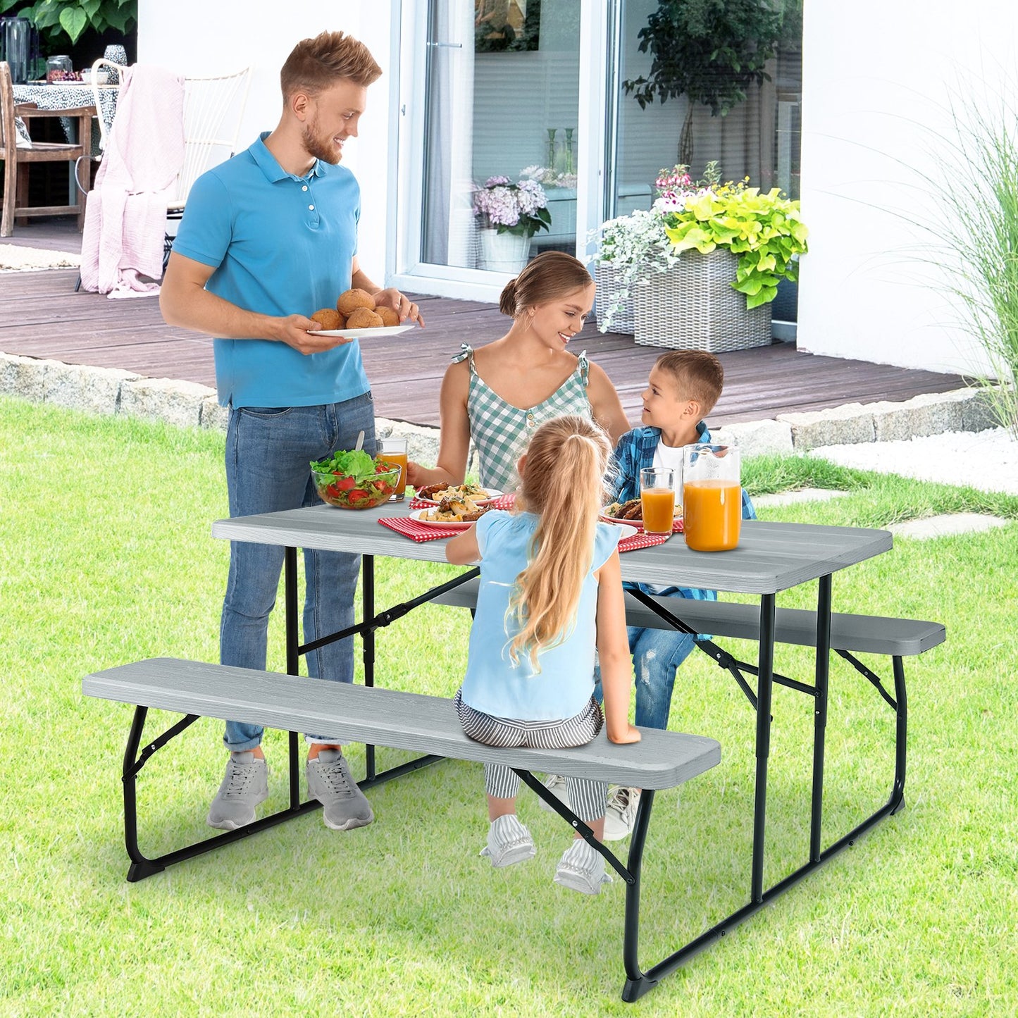 Indoor and Outdoor Folding Picnic Table Bench Set with Wood-like Texture-Black