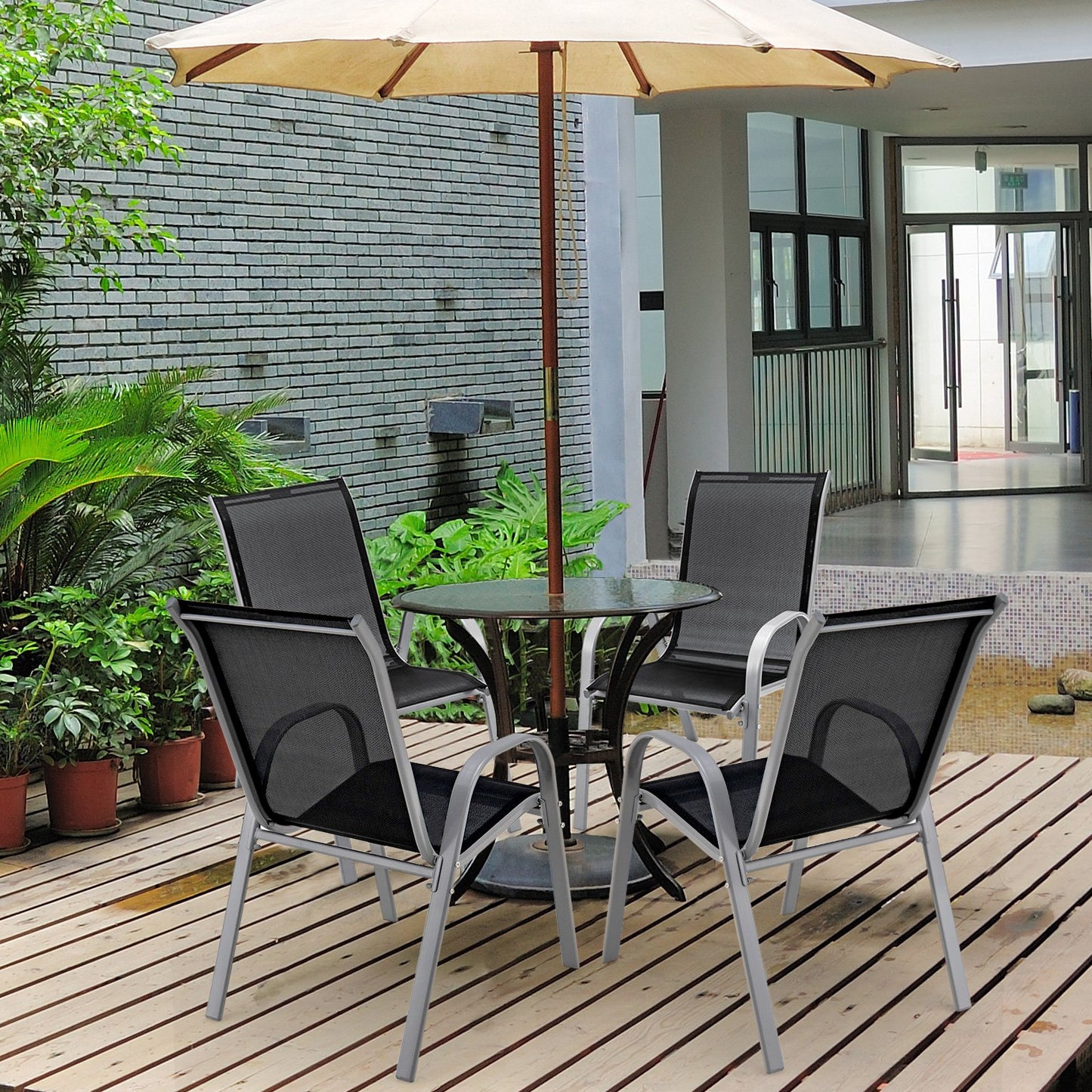 4  Pieces Stackable Patio Dining Chairs Set with Armrest-Black