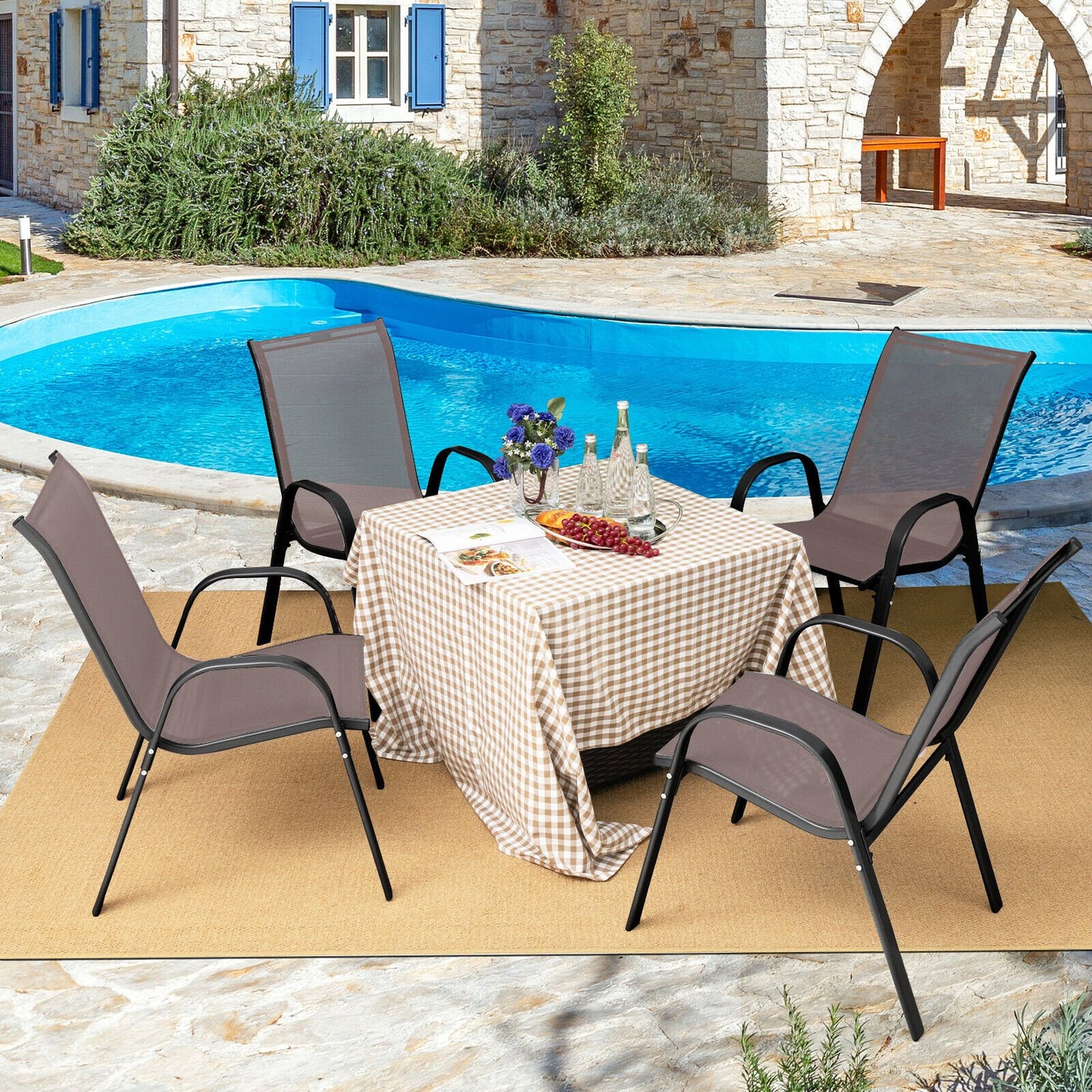 4  Pieces Stackable Patio Dining Chairs Set with Armrest-Black