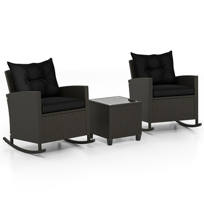 3-Piece Patio Rattan Roker Chairs with Tempered Glass Table and Soft Cushions-Beige