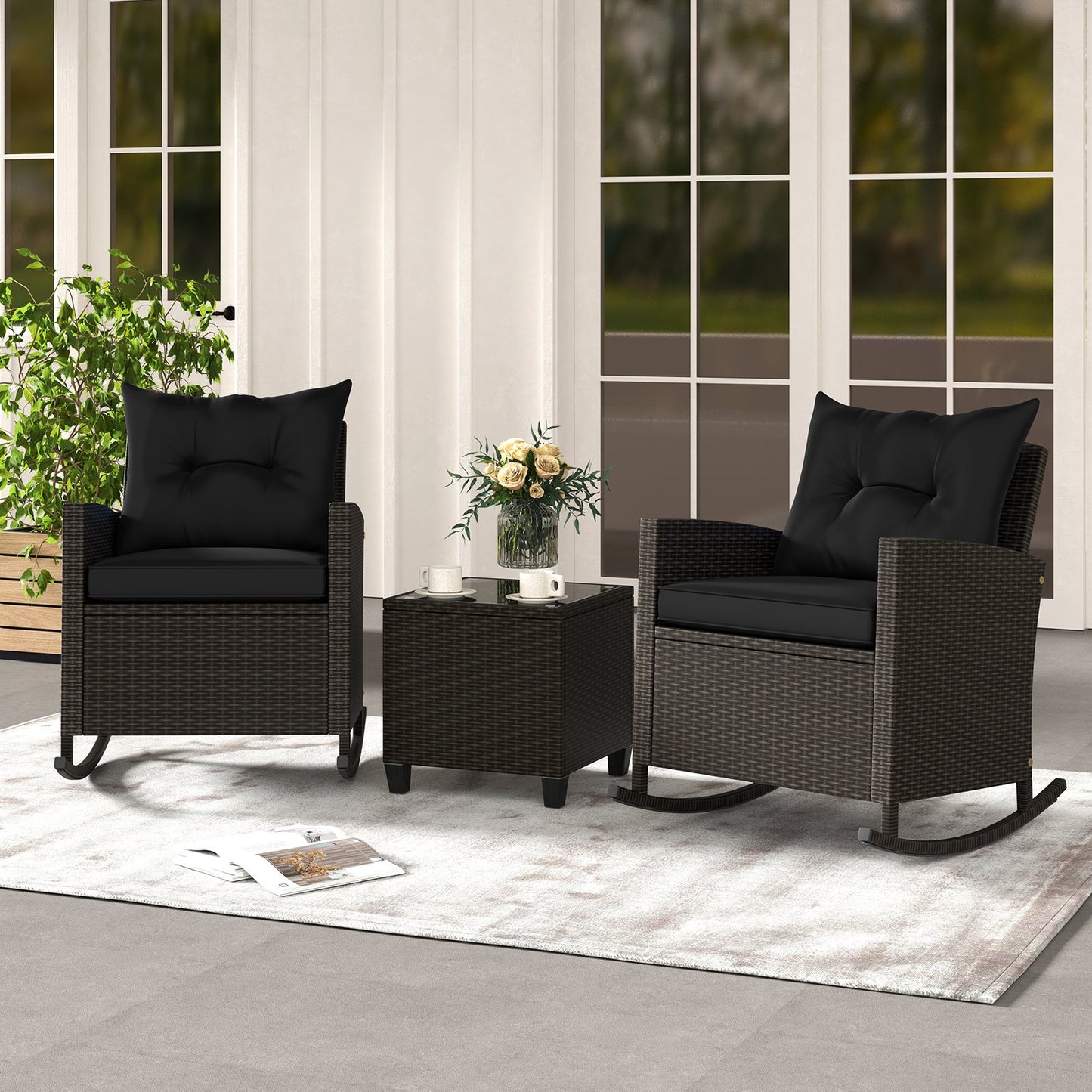 3-Piece Patio Rattan Roker Chairs with Tempered Glass Table and Soft Cushions-Beige