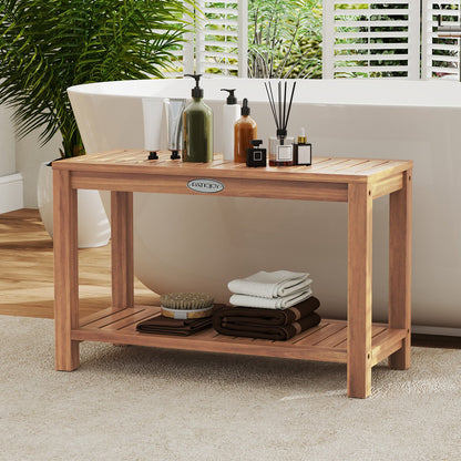 24 Inch Teak Wood Shower Bench Inside Shower Stool with Storage Shelf