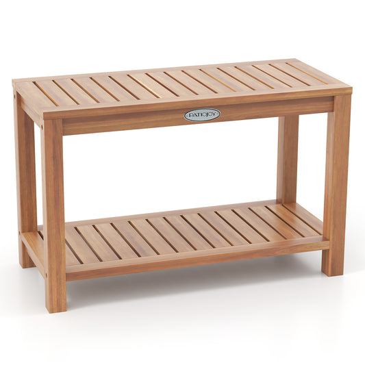 30-inch teak wood shower bench with storage shelf, inside shower stool for bath safety and convenience, by Wilsons Home Store