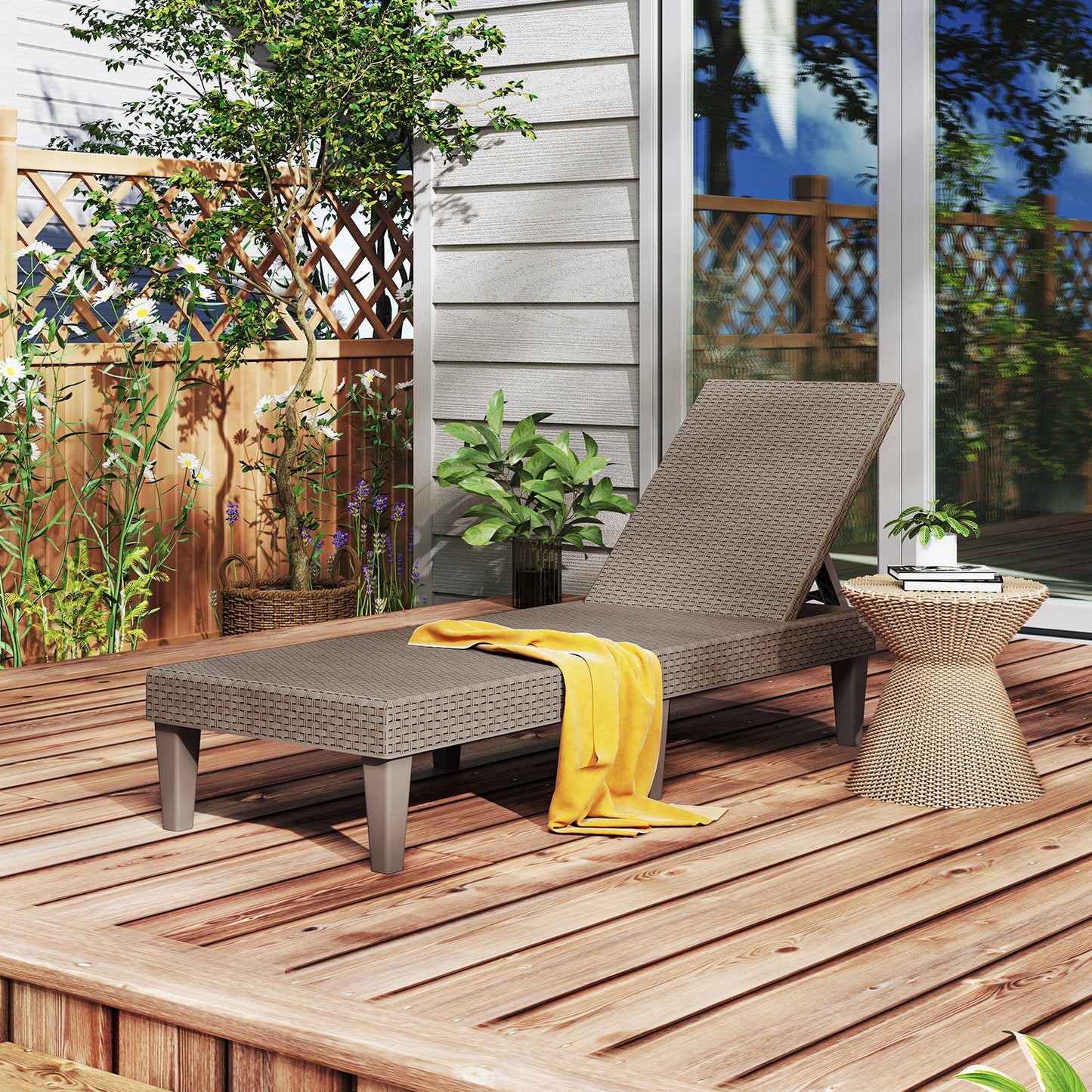 Outdoor Chaise Lounger Chair with Waterproof Rattan Textured PP Surface and 330 lbs Capacity-Black