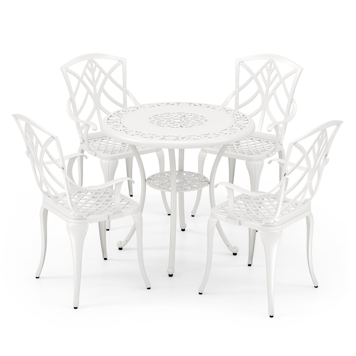 5 Piece Patio Cast Aluminum Dining Table Chair Set Bistro Set with Umbrella Hole-White