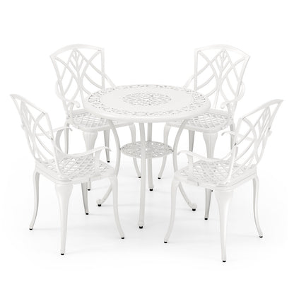 5 Piece Patio Cast Aluminum Dining Table Chair Set Bistro Set with Umbrella Hole-White