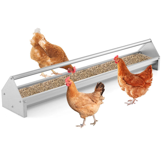 Silver metal chicken feeder with drainage holes, wall-mounted trough for chickens, made of galvanized steel.