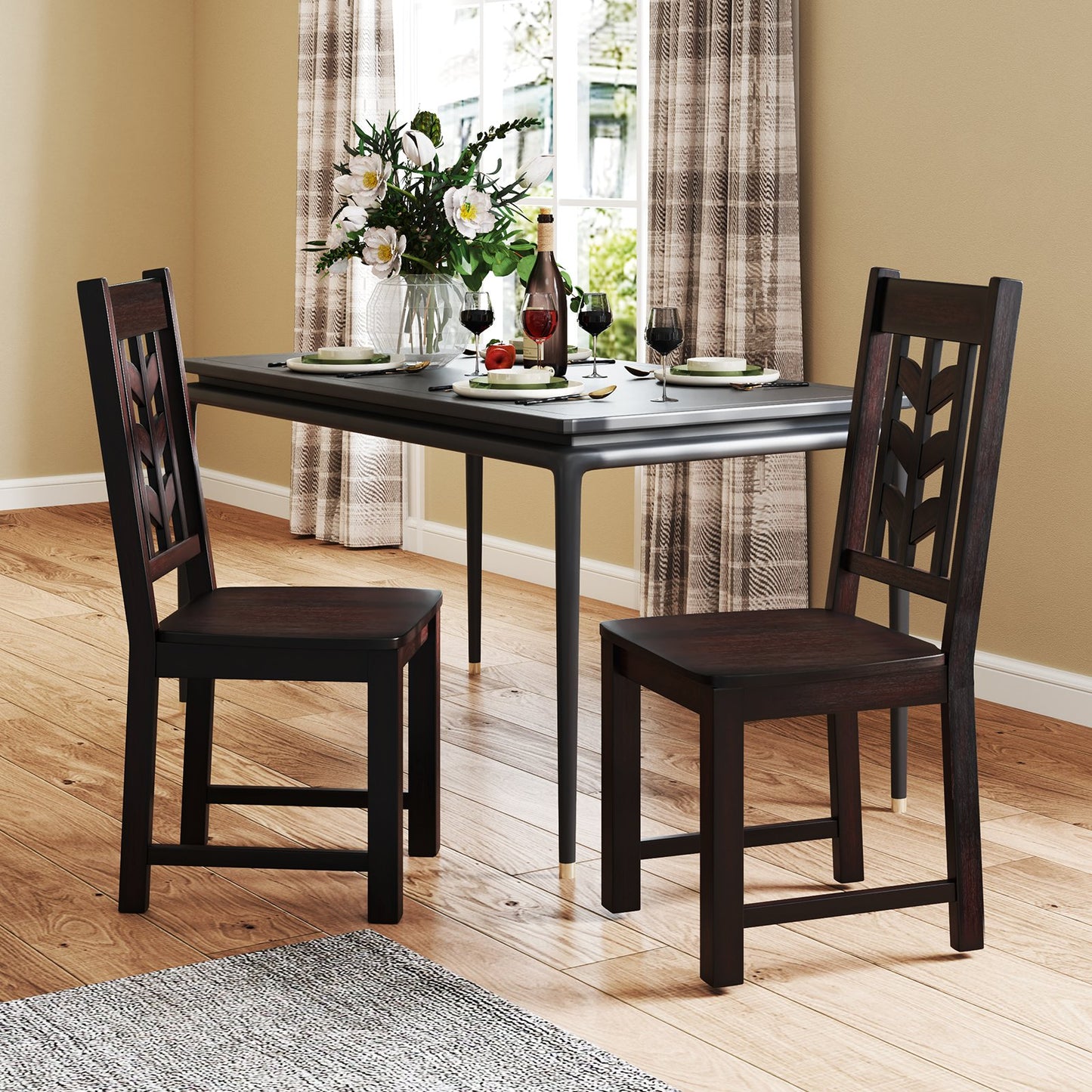 Kitchen Side Dining Chair Set of 2 with Rubber Wood Frame-Black