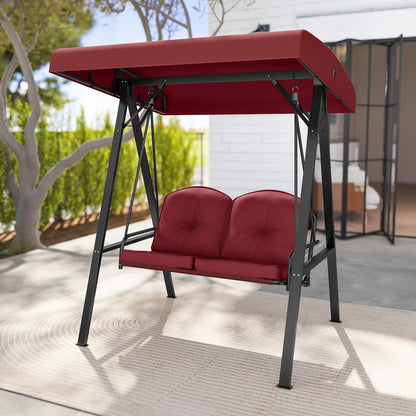 2-Person Outdoor Porch Swing with A-Shaped Metal Stand and Adjustable Canopy-Beige