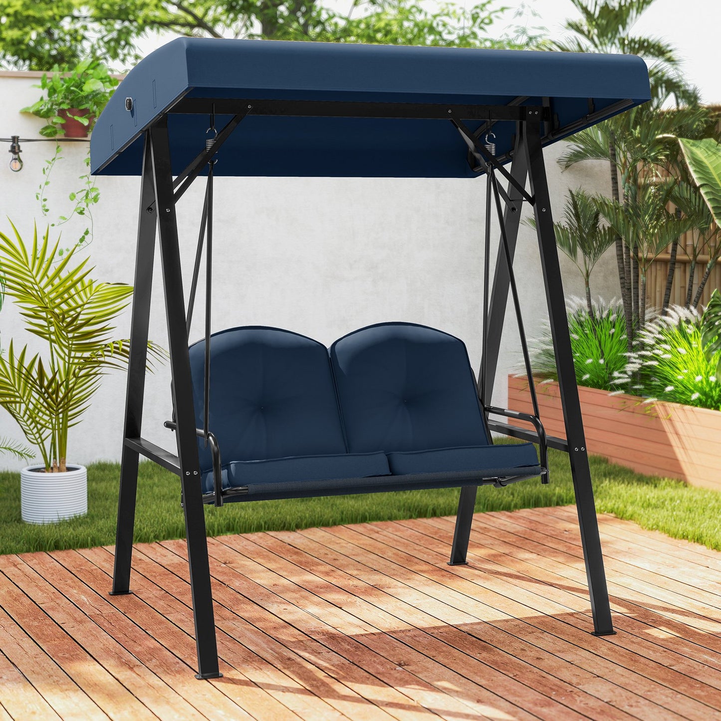 2-Person Outdoor Porch Swing with A-Shaped Metal Stand and Adjustable Canopy-Beige