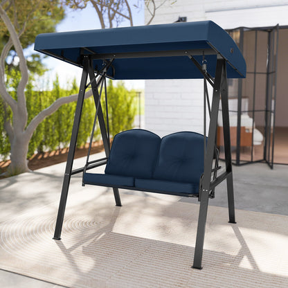 2-Person Outdoor Porch Swing with A-Shaped Metal Stand and Adjustable Canopy-Beige