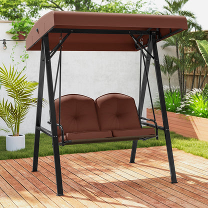 2-Person Outdoor Porch Swing with A-Shaped Metal Stand and Adjustable Canopy-Beige