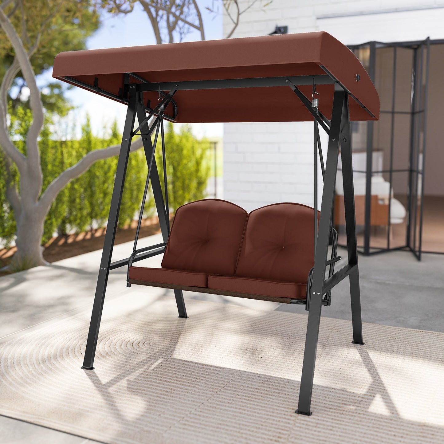 2-Person Outdoor Porch Swing with A-Shaped Metal Stand and Adjustable Canopy-Beige