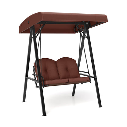 2-Person Outdoor Porch Swing with A-Shaped Metal Stand and Adjustable Canopy-Beige
