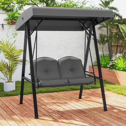 2-Person Outdoor Porch Swing with A-Shaped Metal Stand and Adjustable Canopy-Beige