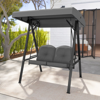 2-Person Outdoor Porch Swing with A-Shaped Metal Stand and Adjustable Canopy-Beige