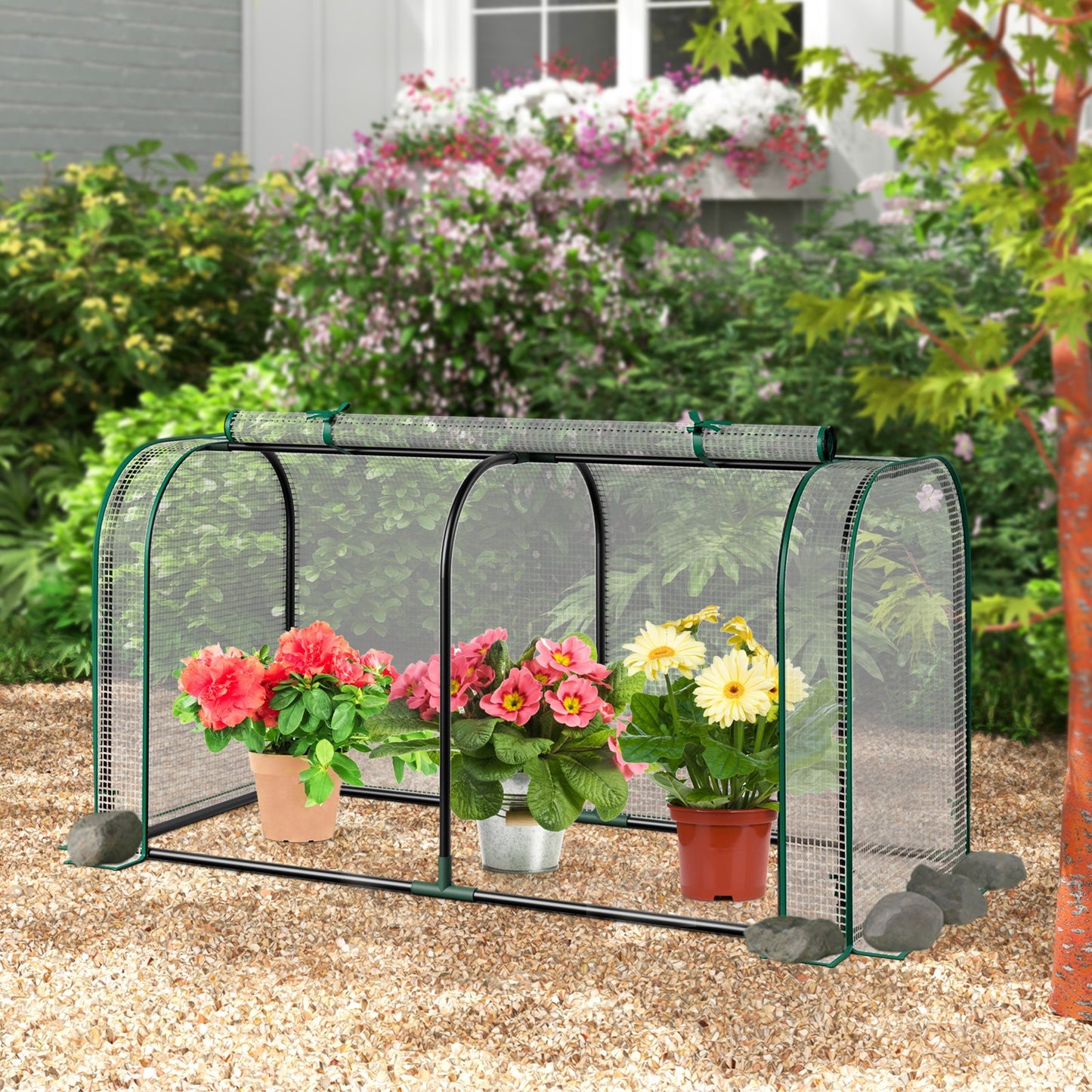 Mini Tunnel Greenhouse with Roll-up Zipper Door-Green